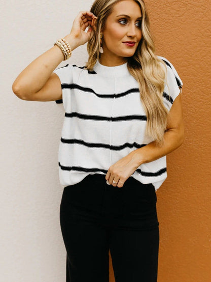 Cozy White Striped Batwing Sleeve Knit Top