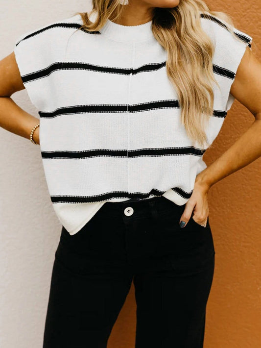 Cozy White Striped Batwing Sleeve Knit Top