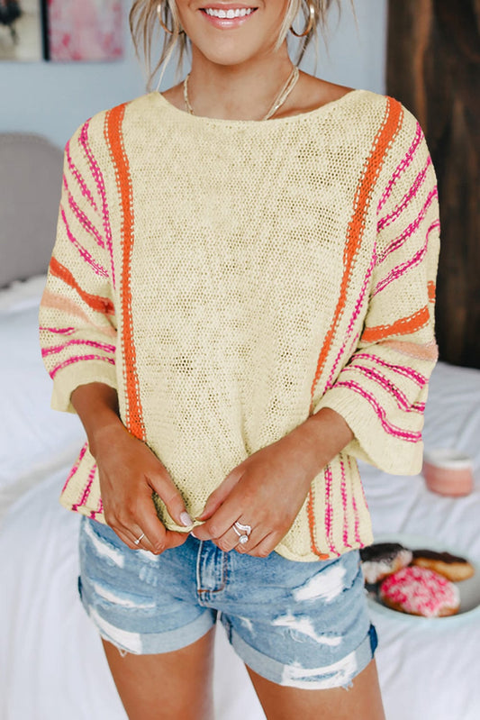 Cozy White Striped Knit Sweater with Wide Sleeves