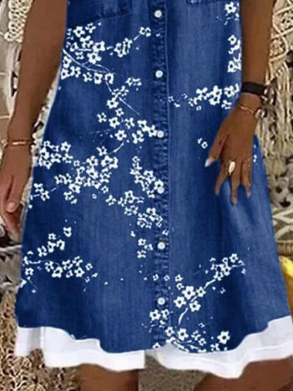 Women's Dress - Denim Dress Casual Dress Mini Dress Blue Dusty Blue Light Blue Sleeveless Floral Patchwork Summer Spring U Neck Fashion Vacation Loose Fit 2023 S M L XL XXL 3XL 4XL 5XL