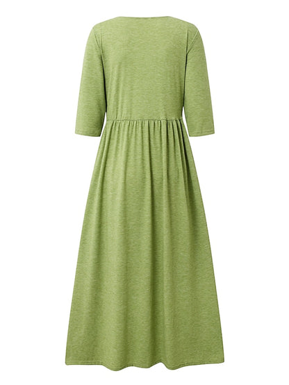Women's Dress - Casual Dress Pleated Dress Plain Dress Plain Ruched Pocket Square Neck Midi Dress Fashion Modern Daily Vacation 3/4 Length Sleeve Regular Fit Pink Purple Green Summer Spring S M L XL XXL