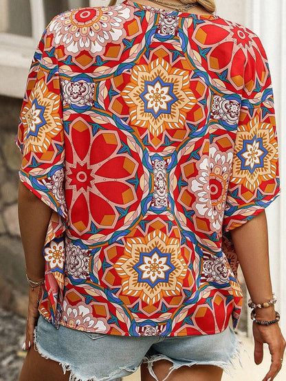 Crimson Blossom Batwing Sleeve Boho V Neck Top