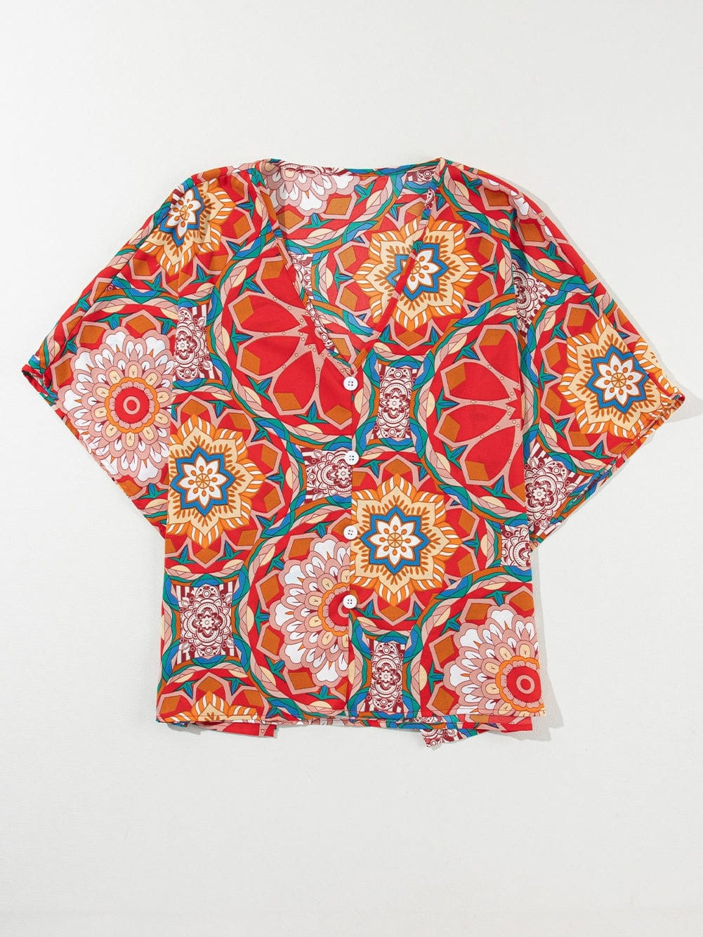 Crimson Blossom Batwing Sleeve Boho V Neck Top