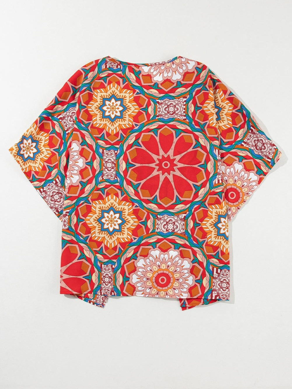 Crimson Blossom Batwing Sleeve Boho V Neck Top