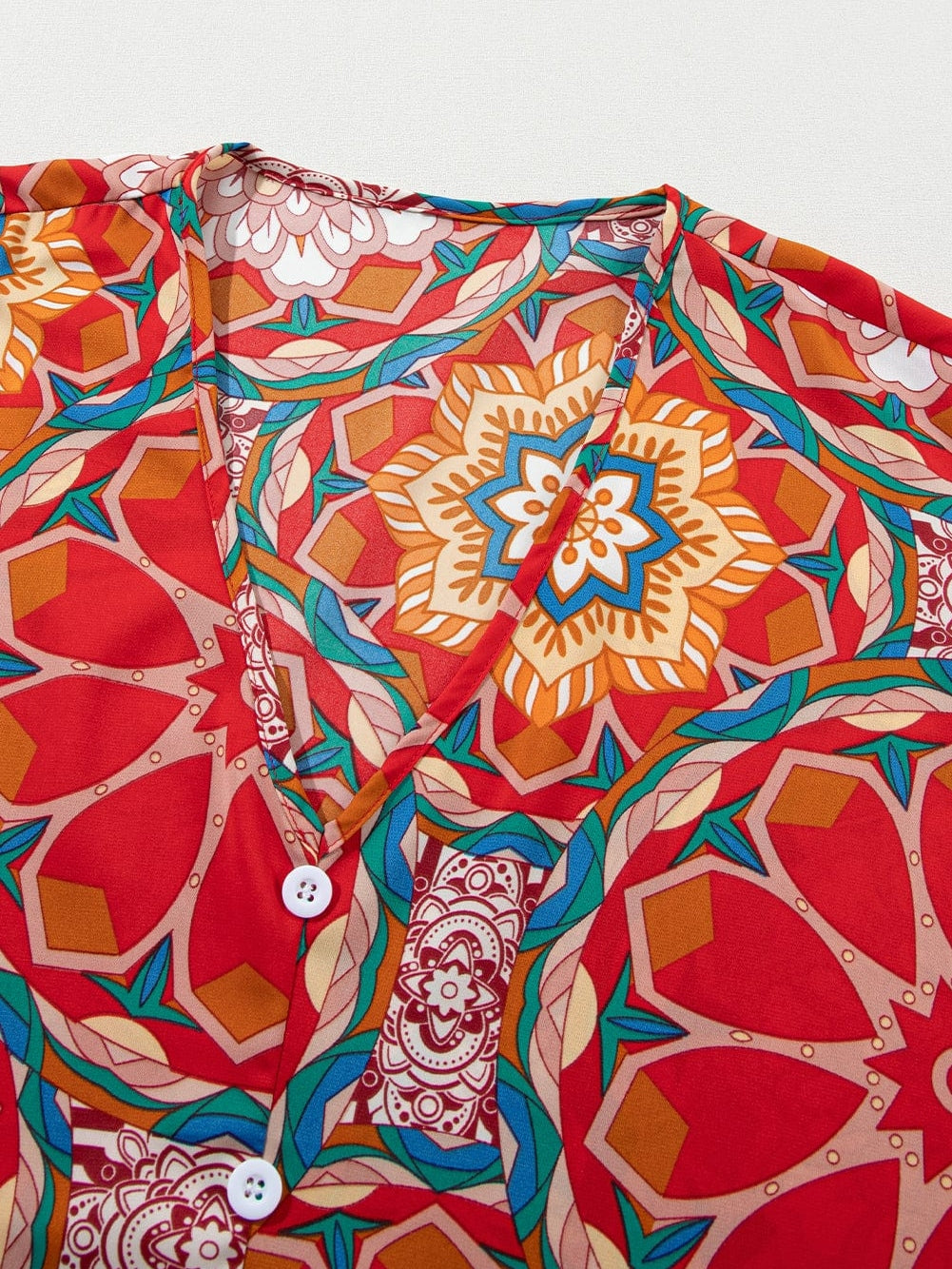 Crimson Blossom Batwing Sleeve Boho V Neck Top