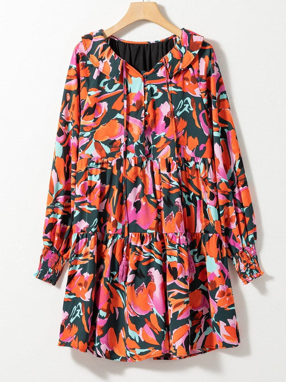 Crimson Blossom Bishop Sleeve Boho Mini Dress