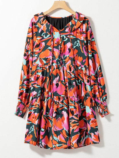 Crimson Blossom Bishop Sleeve Boho Mini Dress