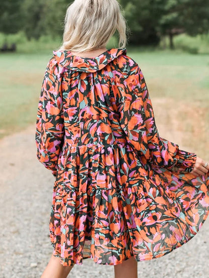 Crimson Blossom Bishop Sleeve Boho Mini Dress