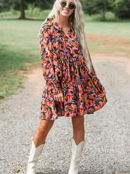 Crimson Blossom Bishop Sleeve Boho Mini Dress