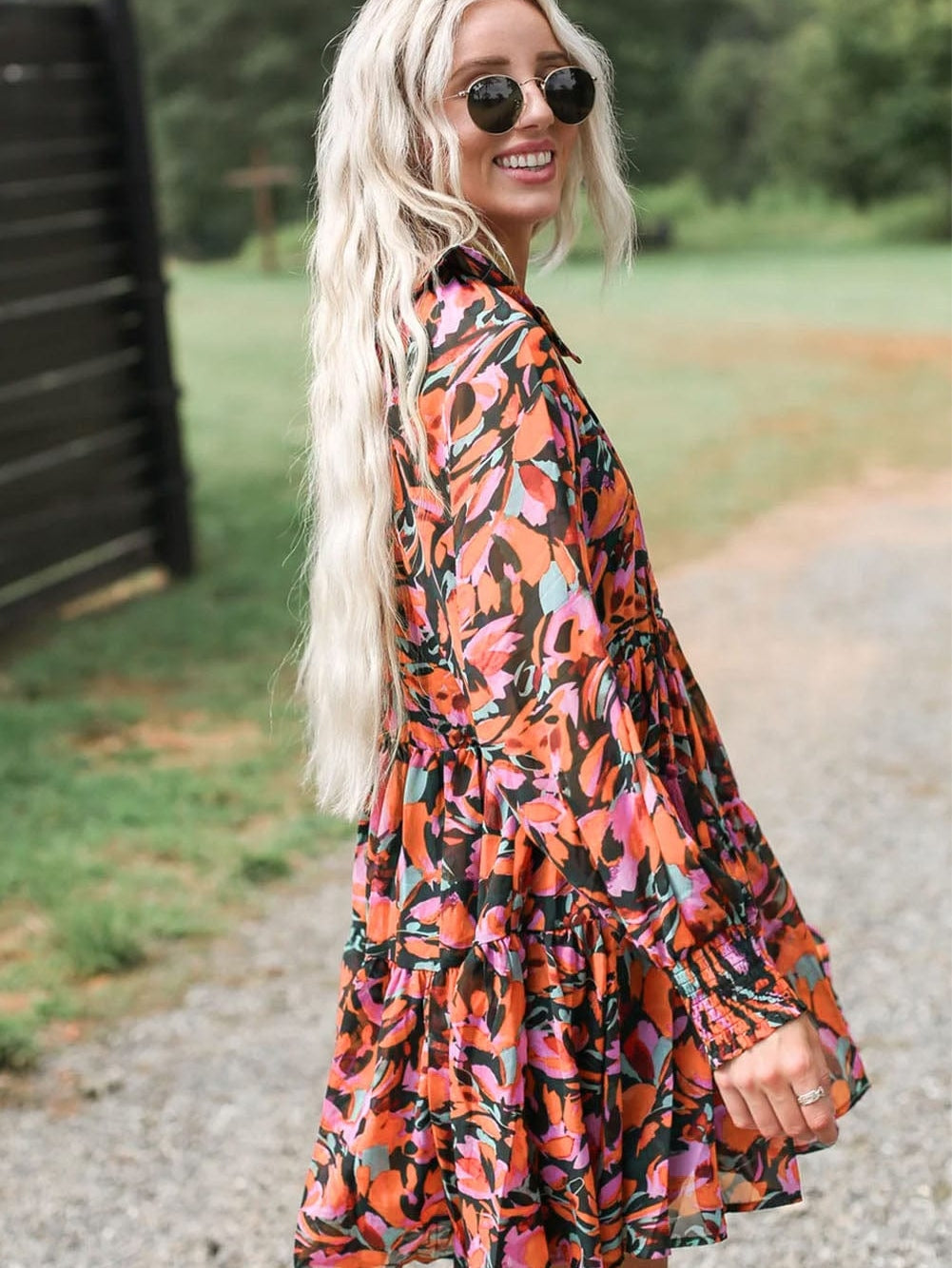 Crimson Blossom Bishop Sleeve Boho Mini Dress