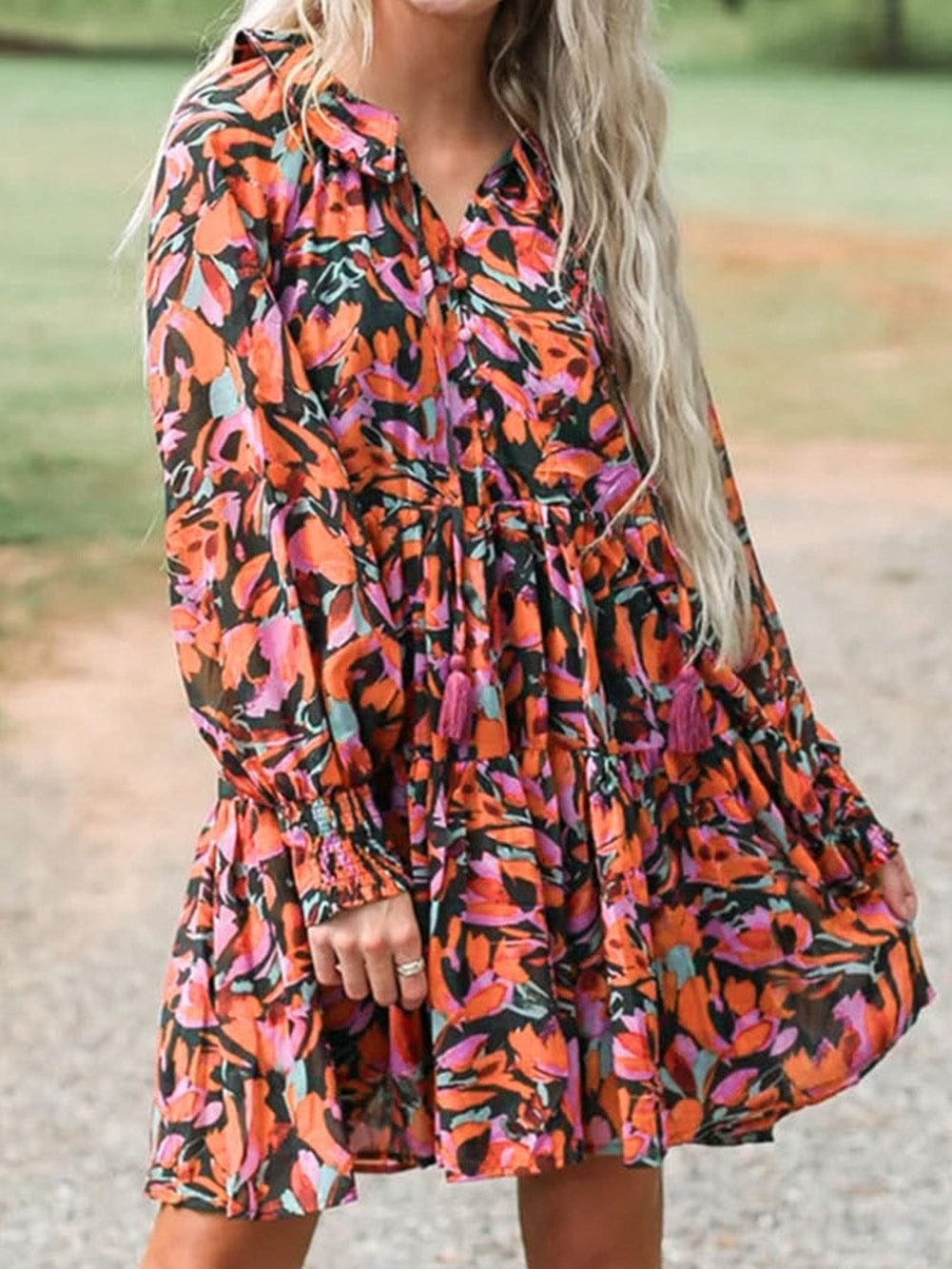 Crimson Blossom Bishop Sleeve Boho Mini Dress
