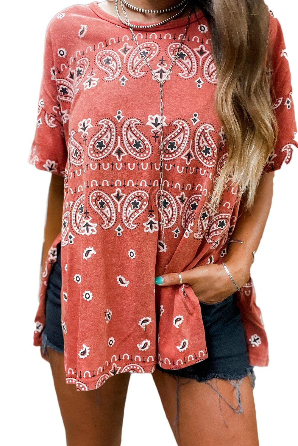 Crimson Bohemian Paisley Print Tee with Chic Side Slits