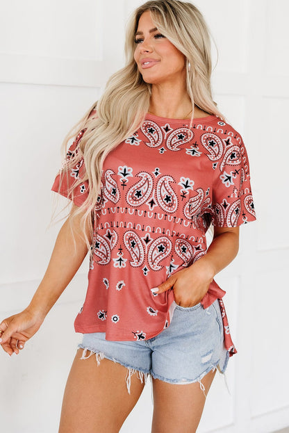 Crimson Bohemian Paisley Print Tee with Chic Side Slits