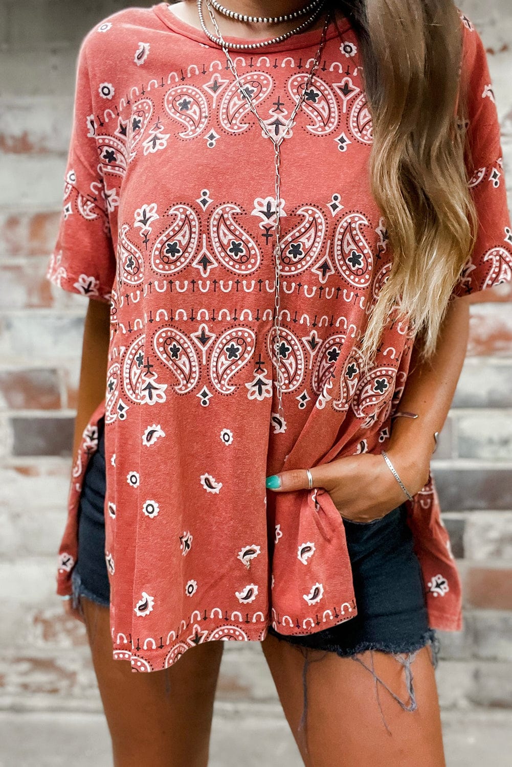 Crimson Bohemian Paisley Print Tee with Chic Side Slits