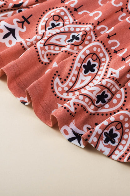 Crimson Bohemian Paisley Print Tee with Chic Side Slits