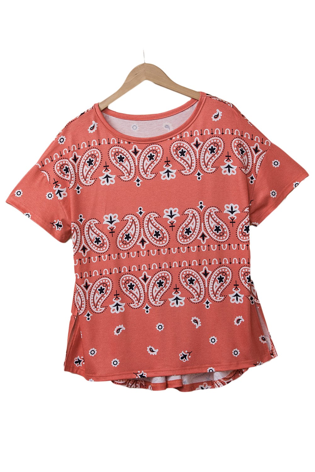 Crimson Bohemian Paisley Print Tee with Chic Side Slits