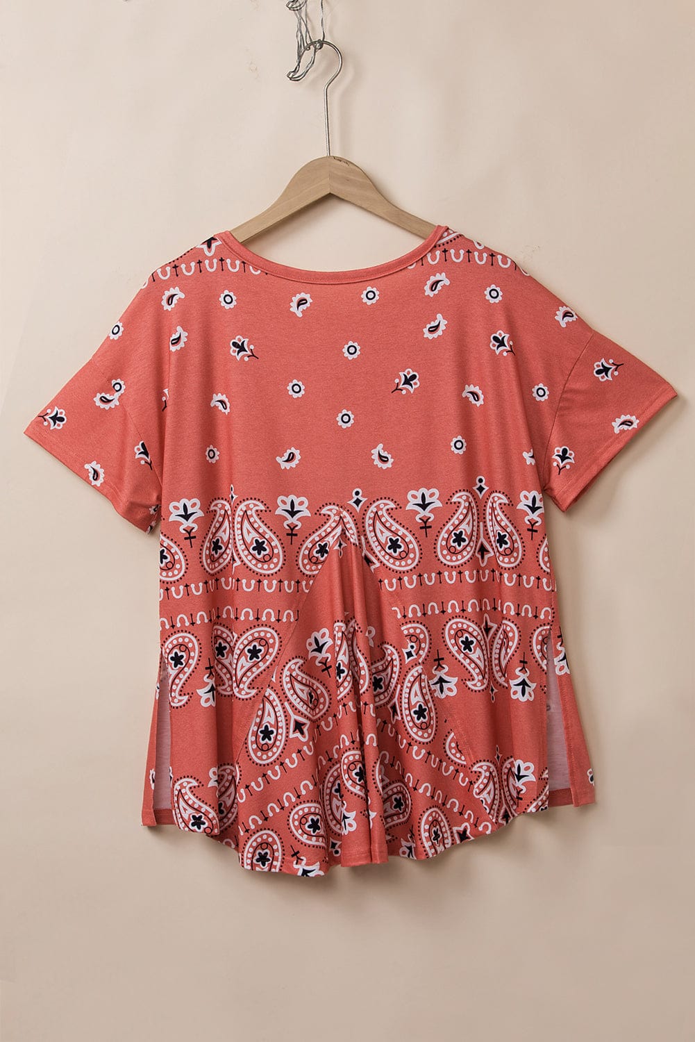 Crimson Bohemian Paisley Print Tee with Chic Side Slits