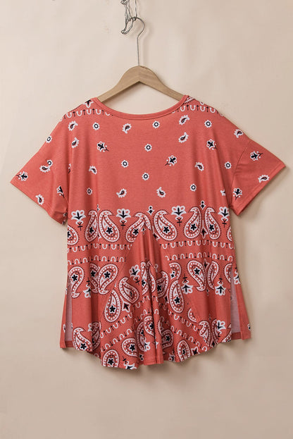 Crimson Bohemian Paisley Print Tee with Chic Side Slits