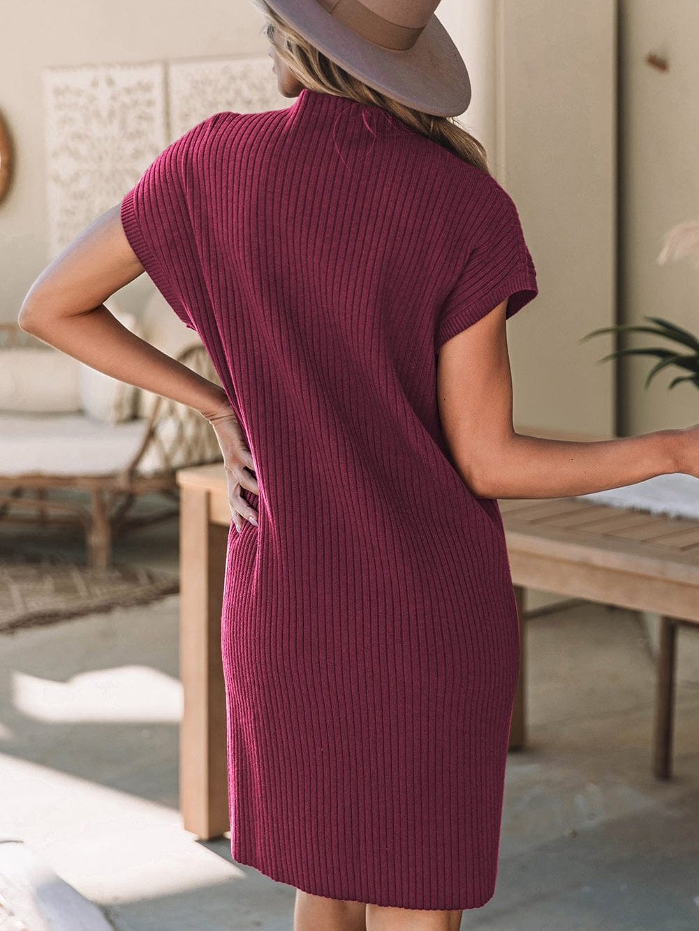 Crimson Dahlia Ribbed Knit Short Sleeve Sweater Dress with Patch Pocket