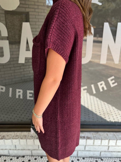 Crimson Dahlia Ribbed Knit Short Sleeve Sweater Dress with Patch Pocket