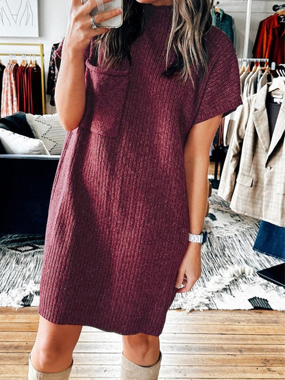Crimson Dahlia Ribbed Knit Short Sleeve Sweater Dress with Patch Pocket