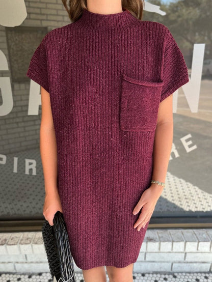 Crimson Dahlia Ribbed Knit Short Sleeve Sweater Dress with Patch Pocket