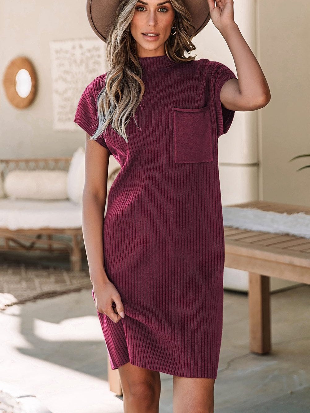 Crimson Dahlia Ribbed Knit Short Sleeve Sweater Dress with Patch Pocket