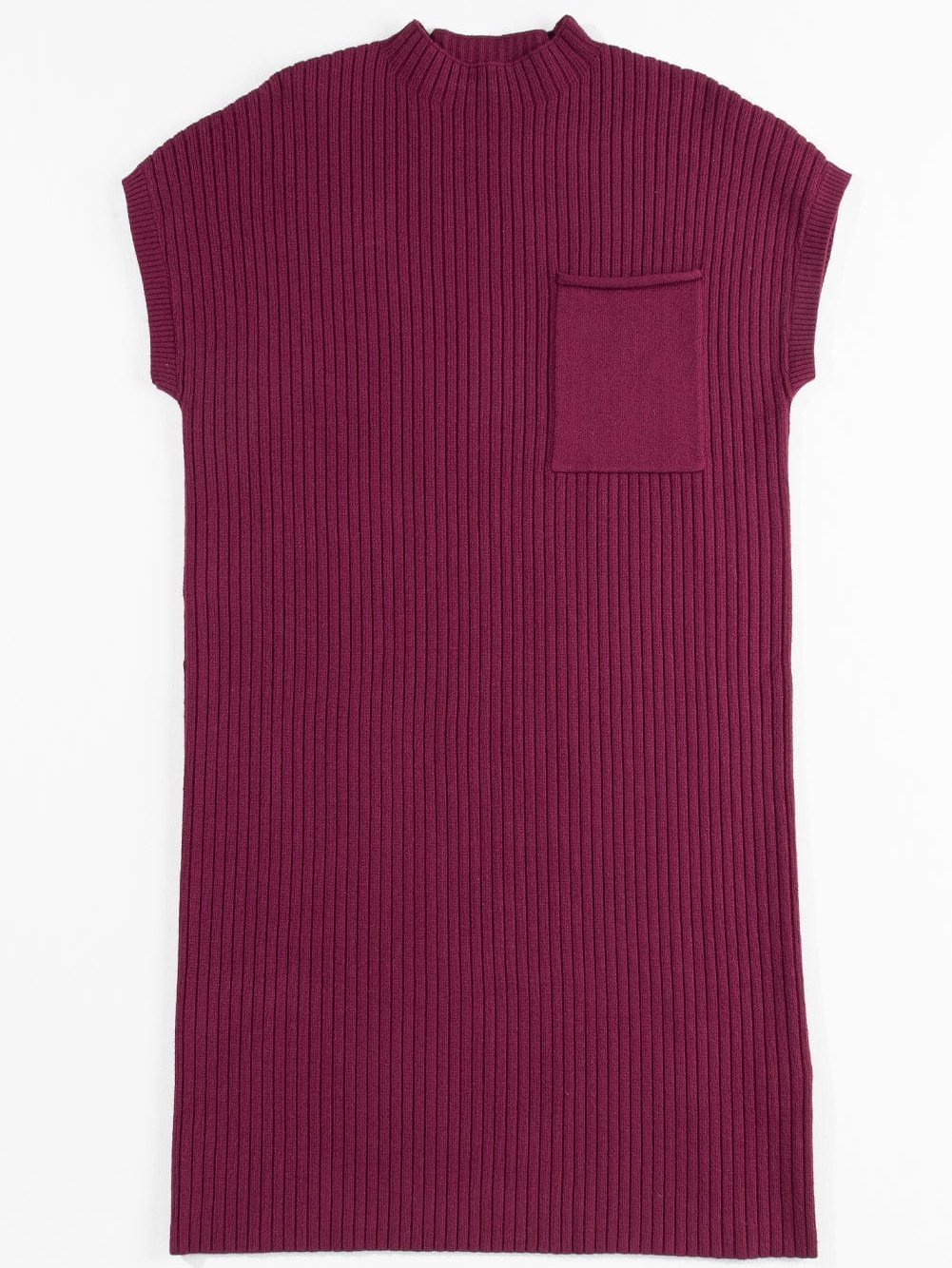 Crimson Dahlia Ribbed Knit Short Sleeve Sweater Dress with Patch Pocket