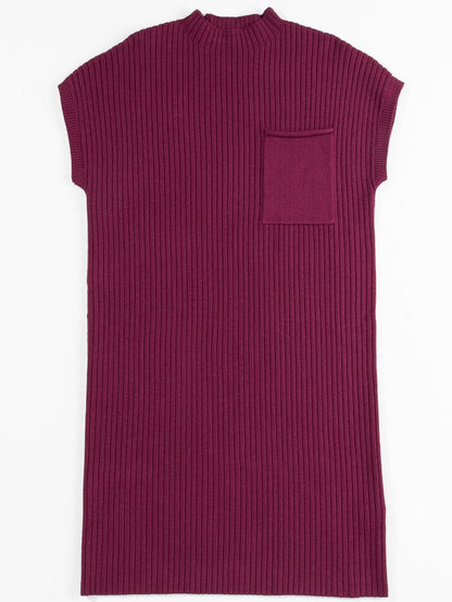 Crimson Dahlia Ribbed Knit Short Sleeve Sweater Dress with Patch Pocket