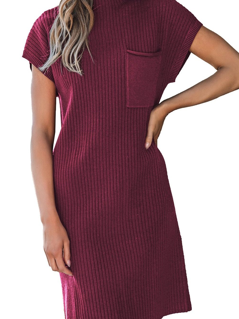 Crimson Dahlia Ribbed Knit Short Sleeve Sweater Dress with Patch Pocket