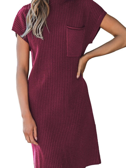 Crimson Dahlia Ribbed Knit Short Sleeve Sweater Dress with Patch Pocket