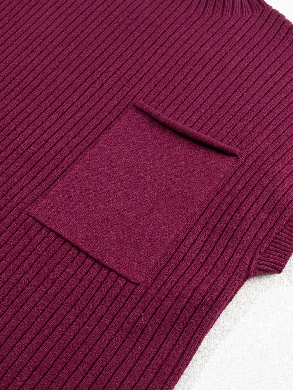 Crimson Dahlia Ribbed Knit Short Sleeve Sweater Dress with Patch Pocket