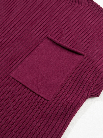 Crimson Dahlia Ribbed Knit Short Sleeve Sweater Dress with Patch Pocket
