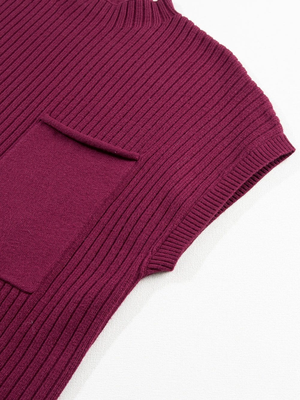 Crimson Dahlia Ribbed Knit Short Sleeve Sweater Dress with Patch Pocket