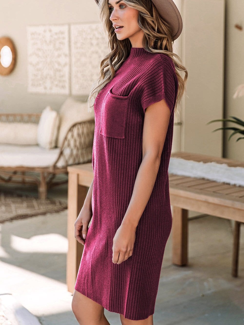 Crimson Dahlia Ribbed Knit Short Sleeve Sweater Dress with Patch Pocket