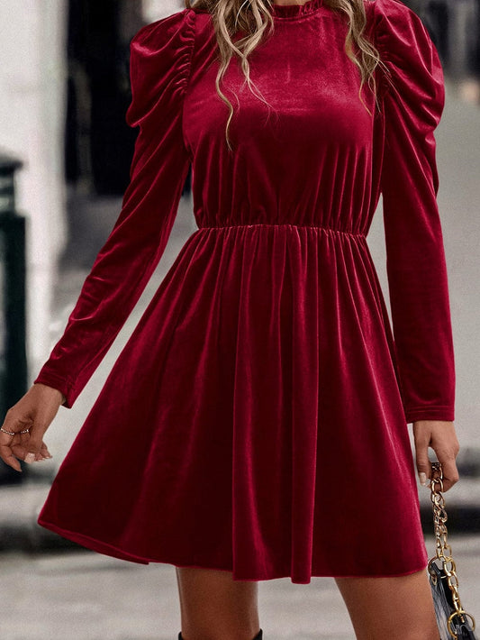 Crimson Dahlia Velvet Frilled Neck Gigot Sleeve A-Line Mini Dress