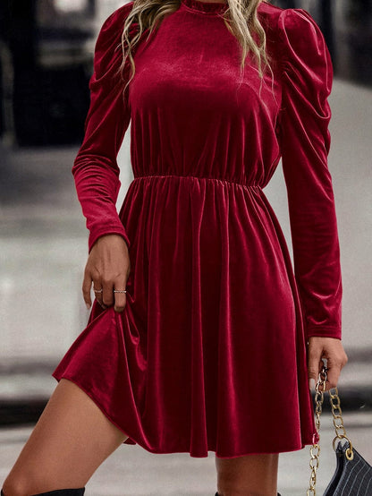 Crimson Dahlia Velvet Frilled Neck Gigot Sleeve A-Line Mini Dress