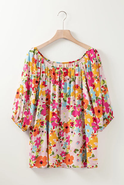 Crimson Floral Pattern Puffy Half Sleeve Gathered Neckline Top