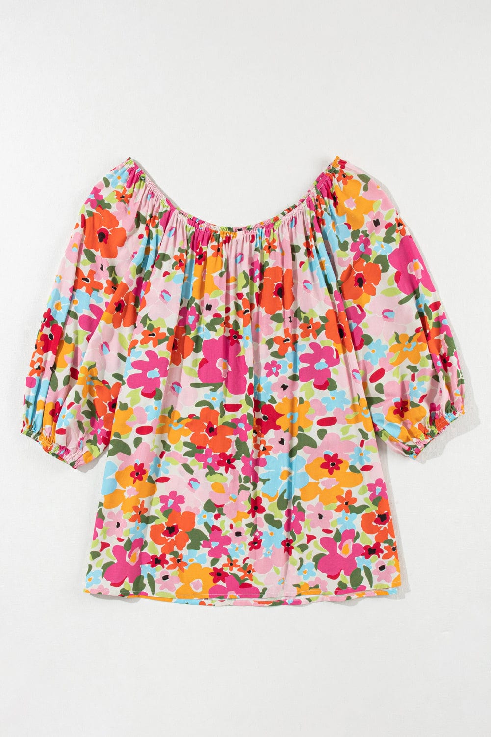 Crimson Floral Pattern Puffy Half Sleeve Gathered Neckline Top