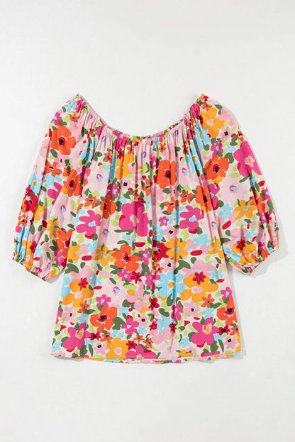Crimson Floral Pattern Puffy Half Sleeve Gathered Neckline Top