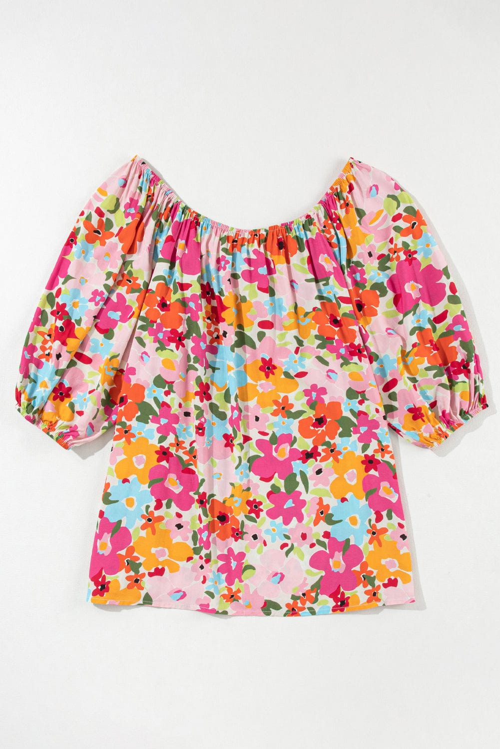 Crimson Floral Pattern Puffy Half Sleeve Gathered Neckline Top