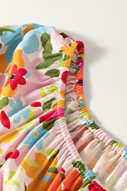 Crimson Floral Pattern Puffy Half Sleeve Gathered Neckline Top