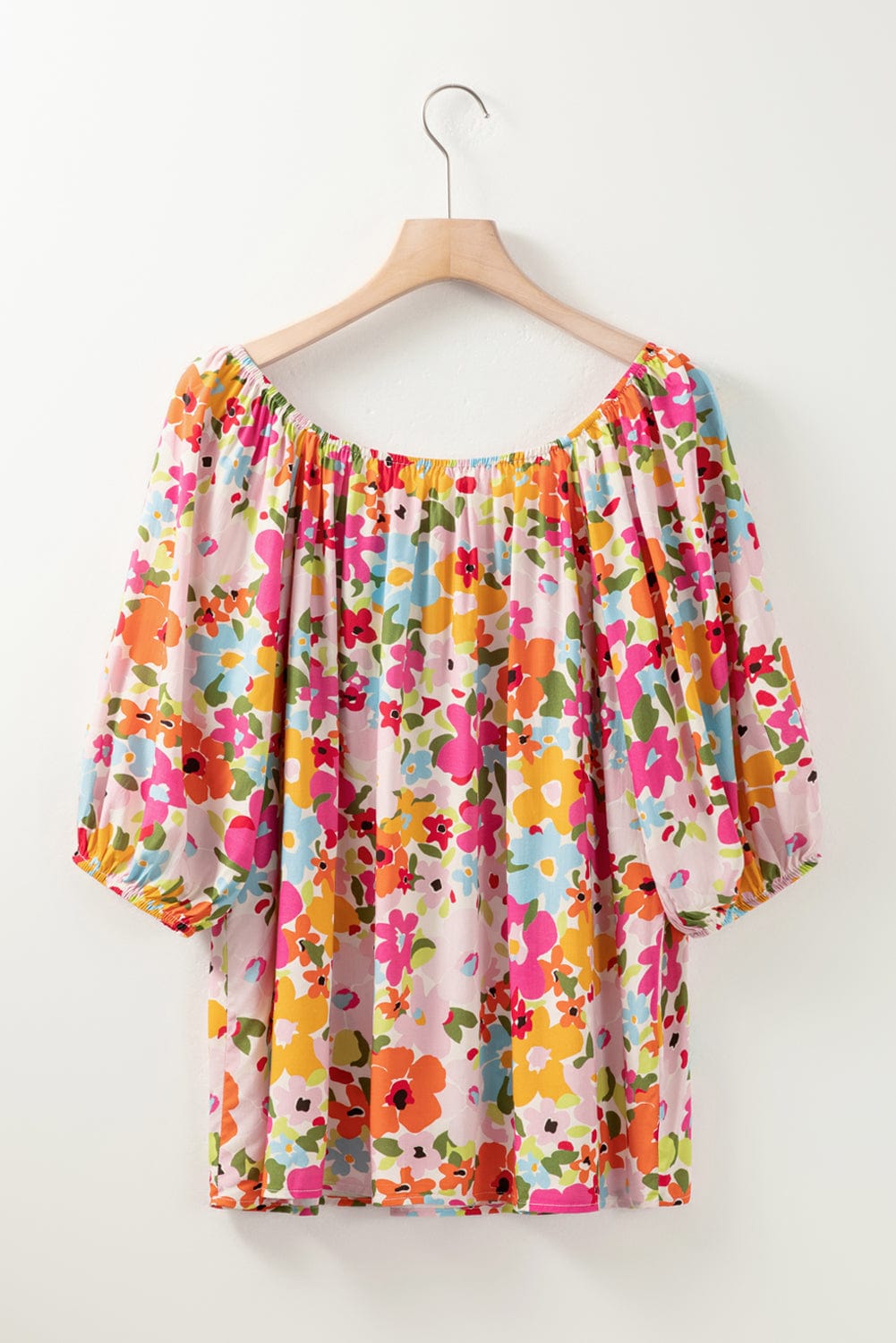 Crimson Floral Pattern Puffy Half Sleeve Gathered Neckline Top