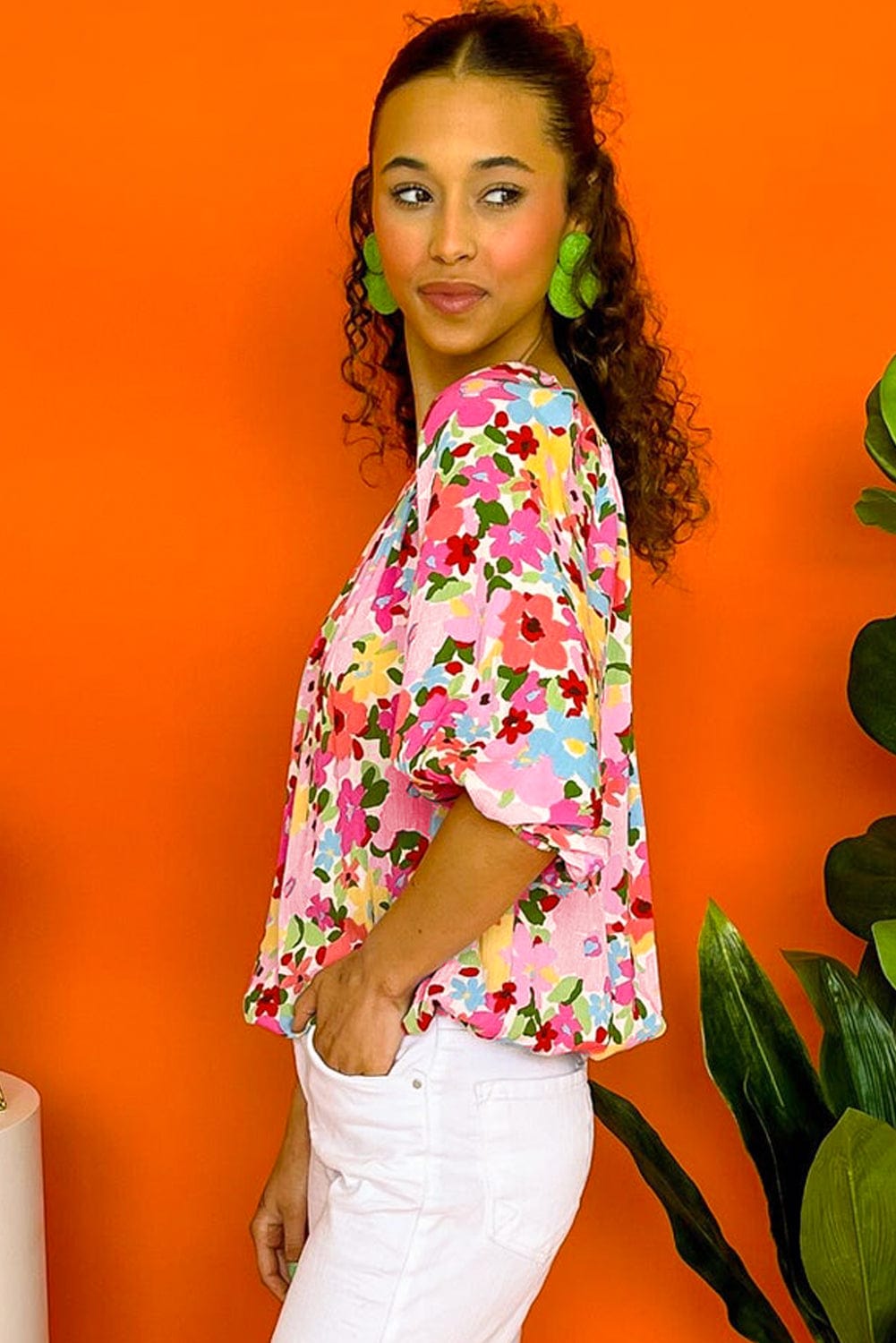 Crimson Floral Pattern Puffy Half Sleeve Gathered Neckline Top