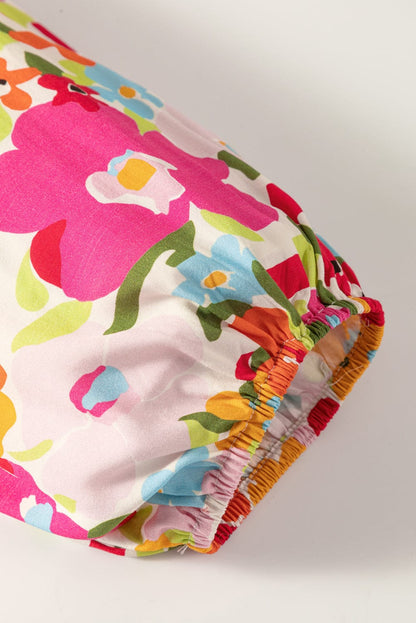 Crimson Floral Pattern Puffy Half Sleeve Gathered Neckline Top