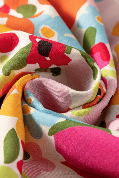 Crimson Floral Pattern Puffy Half Sleeve Gathered Neckline Top