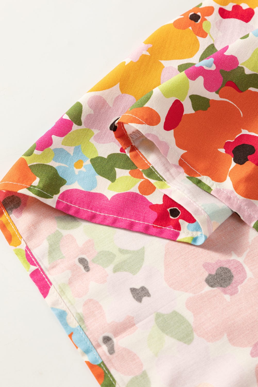 Crimson Floral Pattern Puffy Half Sleeve Gathered Neckline Top