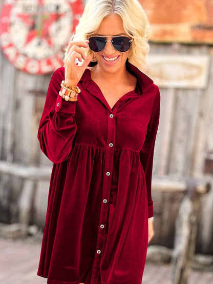 Crimson Long Sleeve Crinkle Velvet Shirt Dress with Ruffle Detail