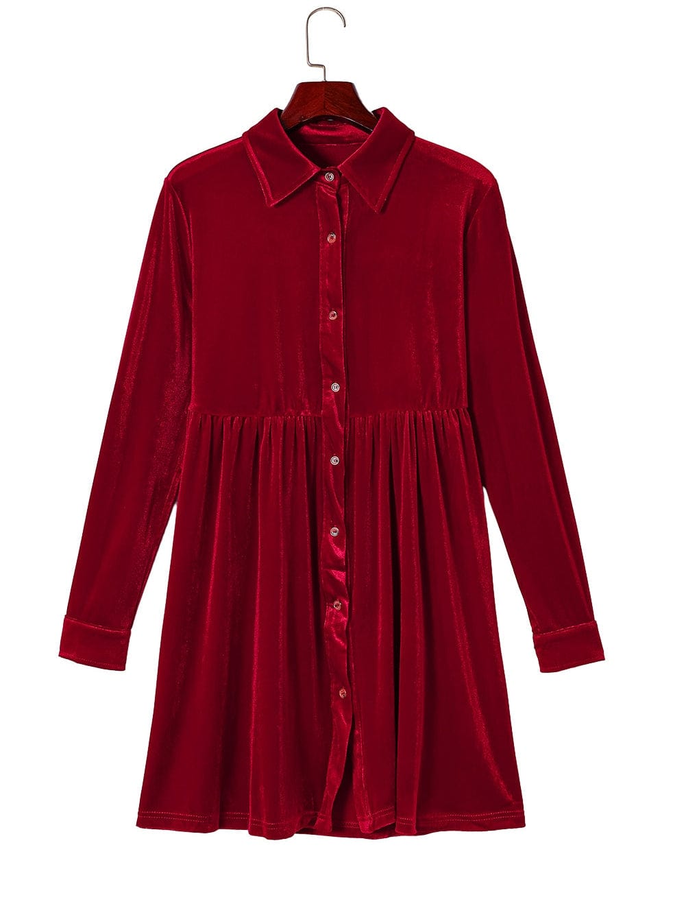 Crimson Long Sleeve Crinkle Velvet Shirt Dress with Ruffle Detail