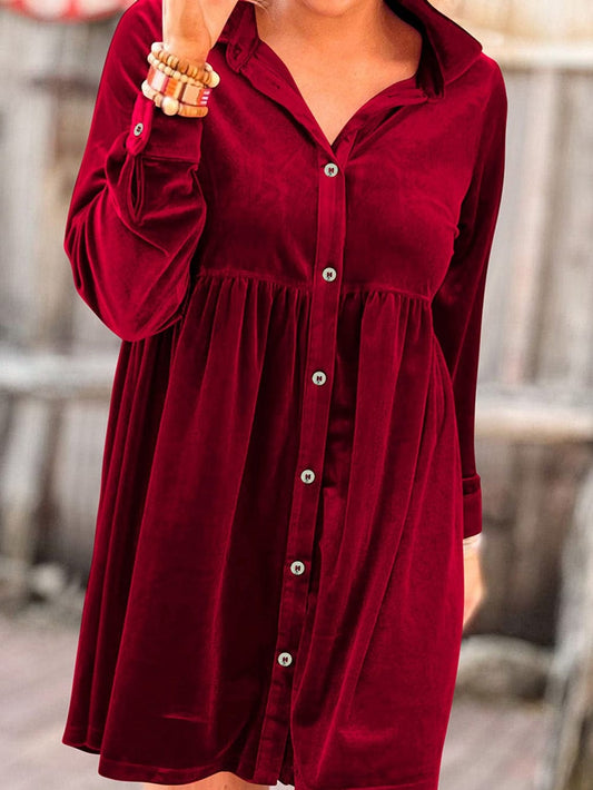 Crimson Long Sleeve Crinkle Velvet Shirt Dress with Ruffle Detail